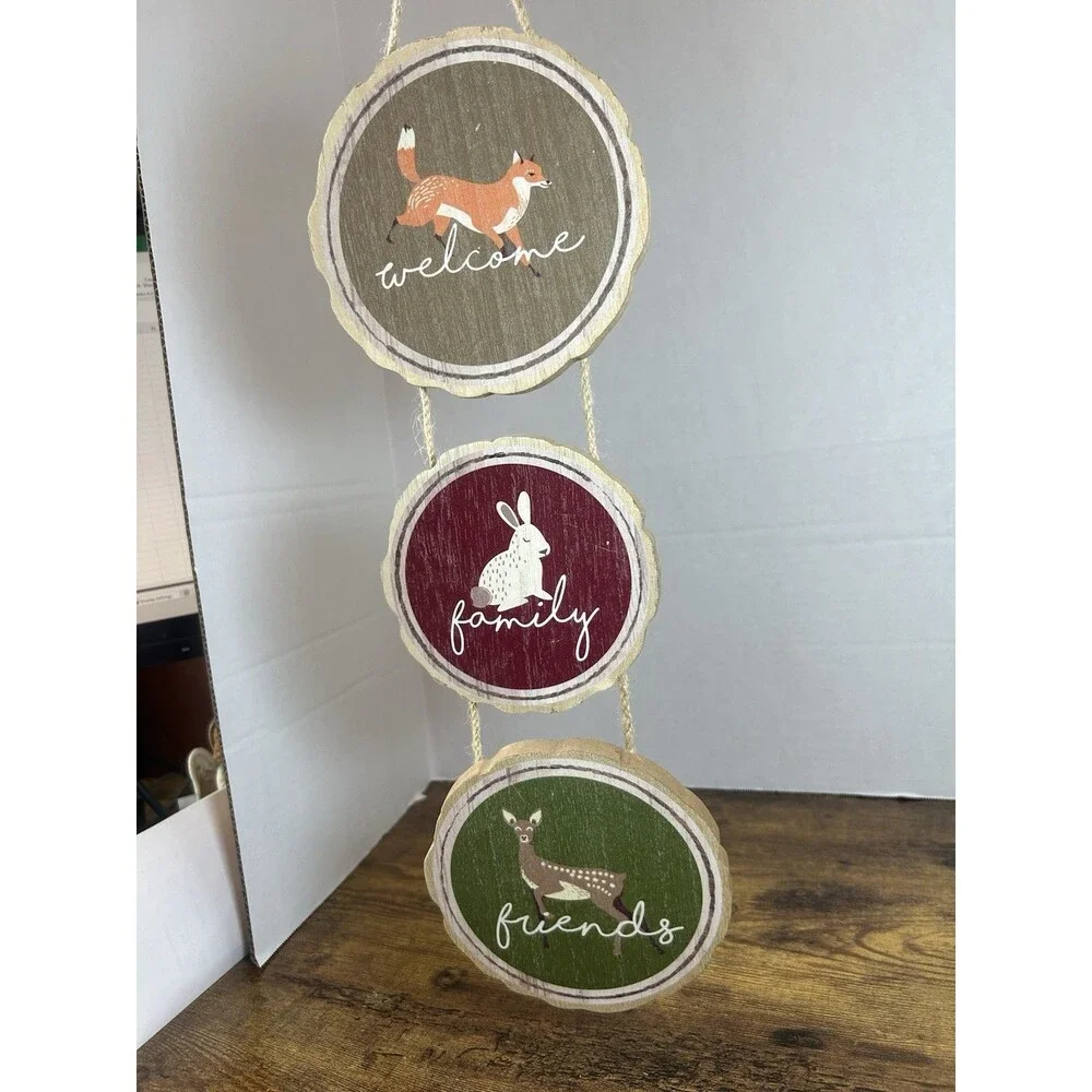 Rustic Woodland Welcome Family Friends Hanging Wood Sign Deer Fox Bunny Decor